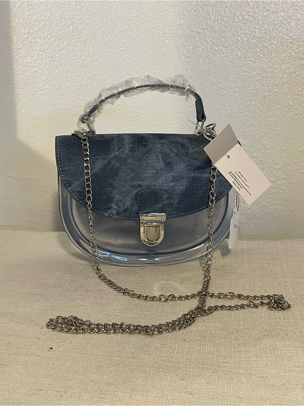 Clear Crossbody Bag with Navy Flap and Silver Chain
